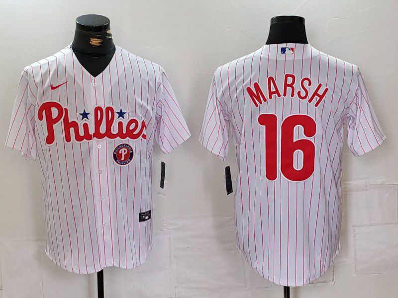 Men Philadelphia Phillies 16 Marsh White stripe Nike Game 2024 MLB Jersey style 3